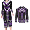 Purple Taniko Pattern Aotearoa Couples Matching Long Sleeve Bodycon Dress and Long Sleeve Button Shirt Niho Taniwha Mix Poutama LT14