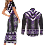 Purple Taniko Pattern Aotearoa Couples Matching Short Sleeve Bodycon Dress and Long Sleeve Button Shirt Niho Taniwha Mix Poutama LT14