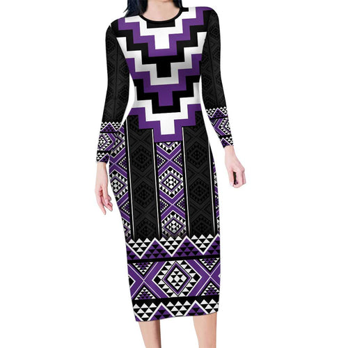 Purple Taniko Pattern Aotearoa Family Matching Long Sleeve Bodycon Dress and Hawaiian Shirt Niho Taniwha Mix Poutama LT14