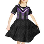 Purple Taniko Pattern Aotearoa Kid Short Sleeve Dress Niho Taniwha Mix Poutama LT14