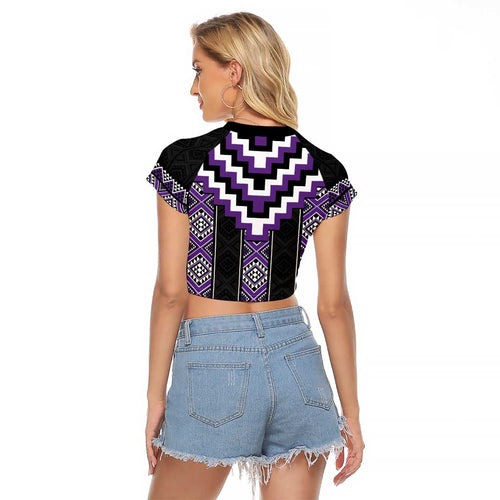 Purple Taniko Pattern Aotearoa Raglan Cropped T Shirt Niho Taniwha Mix Poutama LT14