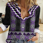 Purple Taniko Pattern Aotearoa Women Casual Shirt Niho Taniwha Mix Poutama LT14