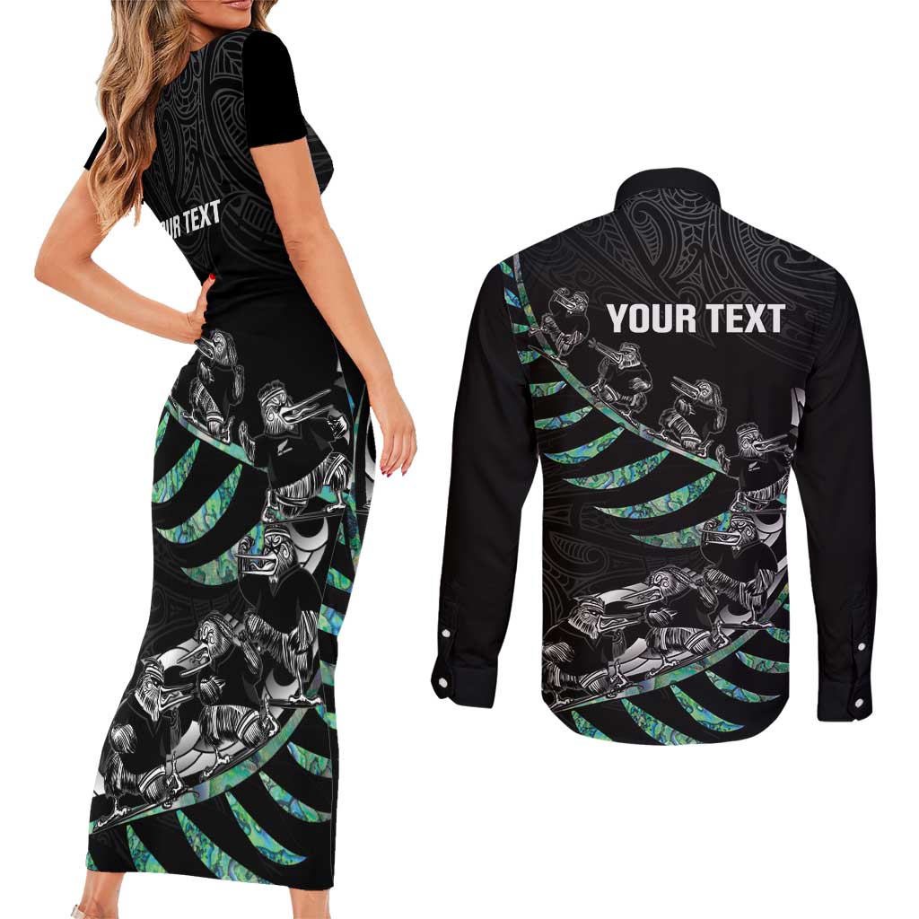 Custom New Zealand Silver Fern Rugby Couples Matching Short Sleeve Bodycon Dress and Long Sleeve Button Shirt Aotearoa Kiwi Maori Pattern