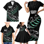 Custom New Zealand Silver Fern Rugby Family Matching Short Sleeve Bodycon Dress and Hawaiian Shirt Aotearoa Kiwi Maori Pattern
