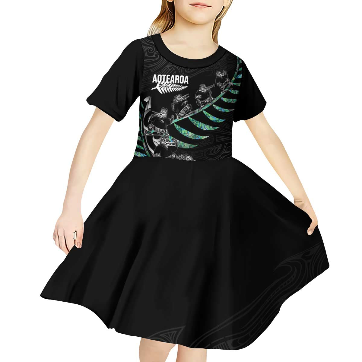 Custom New Zealand Silver Fern Rugby Kid Short Sleeve Dress Aotearoa Kiwi Maori Pattern