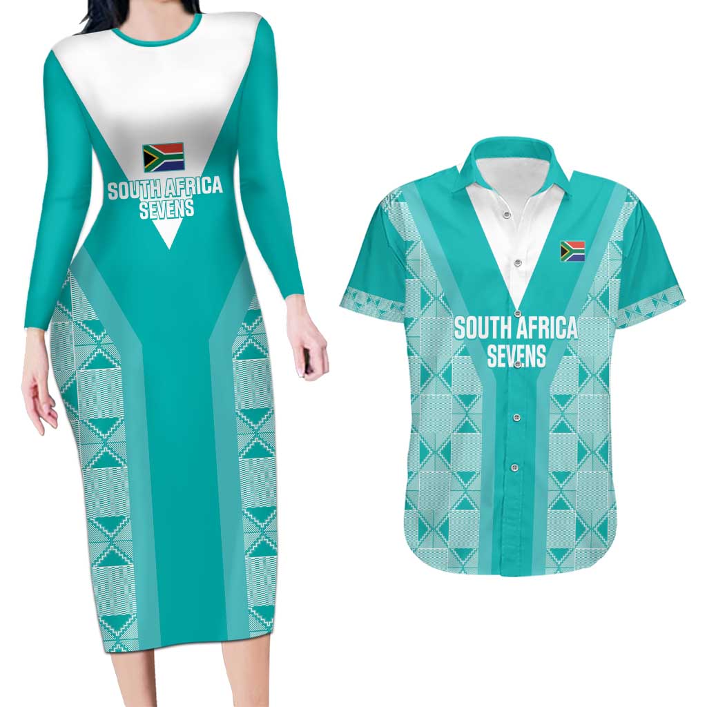 Custom South Africa Rugby Couples Matching Long Sleeve Bodycon Dress and Hawaiian Shirt Go Champions Springboks - Teal Version