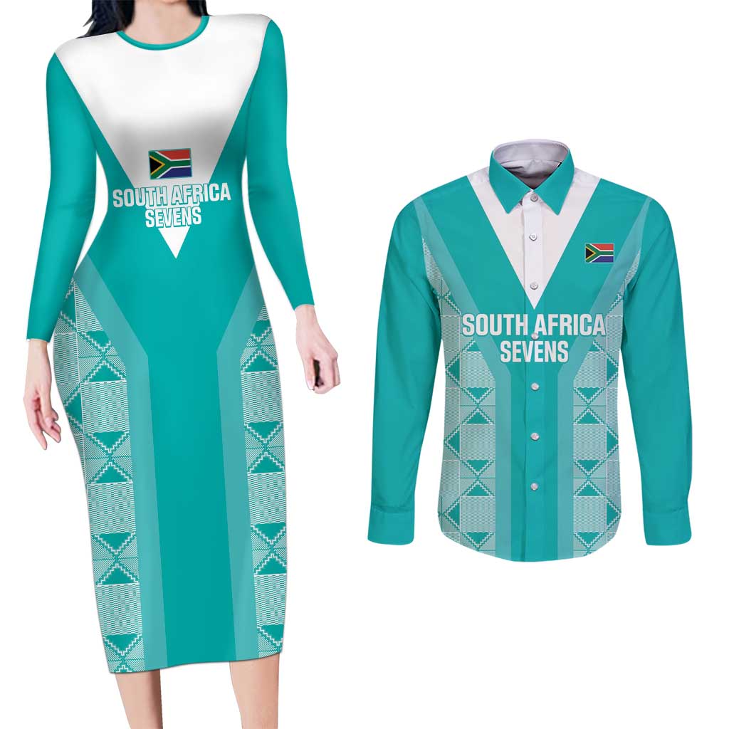 Custom South Africa Rugby Couples Matching Long Sleeve Bodycon Dress and Long Sleeve Button Shirt Go Champions Springboks - Teal Version