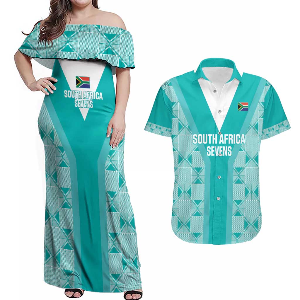 Custom South Africa Rugby Couples Matching Off Shoulder Maxi Dress and Hawaiian Shirt Go Champions Springboks - Teal Version