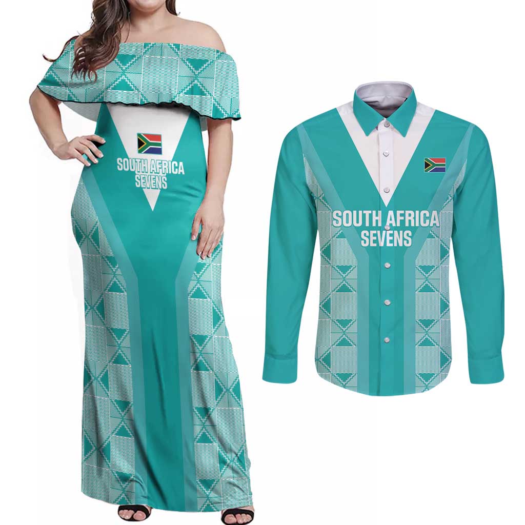 Custom South Africa Rugby Couples Matching Off Shoulder Maxi Dress and Long Sleeve Button Shirt Go Champions Springboks - Teal Version
