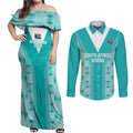 Custom South Africa Rugby Couples Matching Off Shoulder Maxi Dress and Long Sleeve Button Shirt Go Champions Springboks - Teal Version