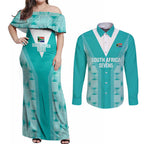 Custom South Africa Rugby Couples Matching Off Shoulder Maxi Dress and Long Sleeve Button Shirt Go Champions Springboks - Teal Version