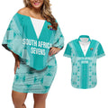 Custom South Africa Rugby Couples Matching Off Shoulder Short Dress and Hawaiian Shirt Go Champions Springboks - Teal Version