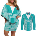 Custom South Africa Rugby Couples Matching Off Shoulder Short Dress and Long Sleeve Button Shirt Go Champions Springboks - Teal Version