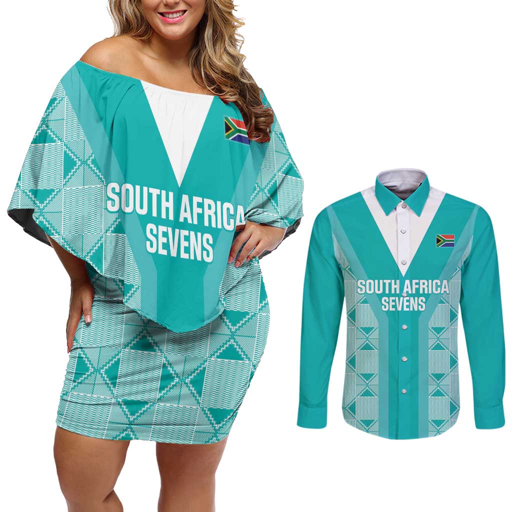 Custom South Africa Rugby Couples Matching Off Shoulder Short Dress and Long Sleeve Button Shirt Go Champions Springboks - Teal Version