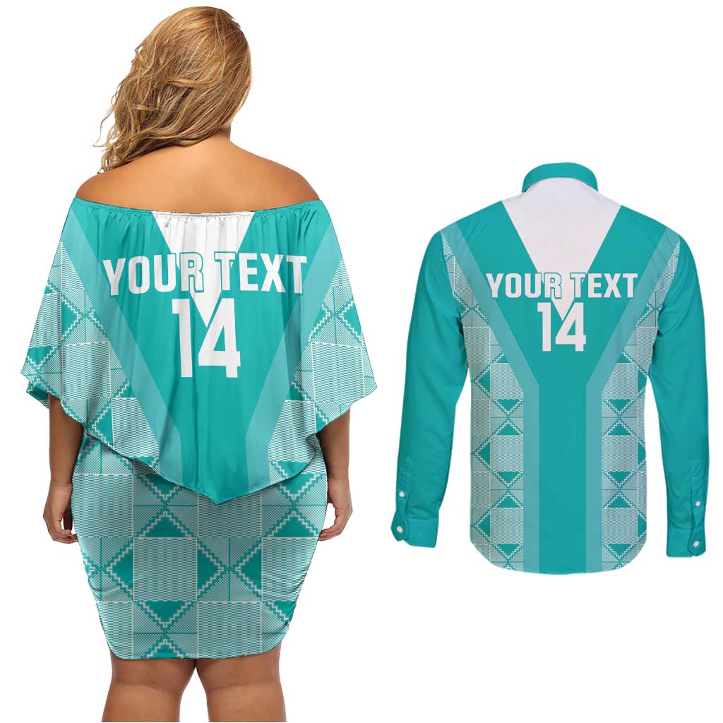 Custom South Africa Rugby Couples Matching Off Shoulder Short Dress and Long Sleeve Button Shirt Go Champions Springboks - Teal Version