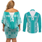 Custom South Africa Rugby Couples Matching Off Shoulder Short Dress and Long Sleeve Button Shirt Go Champions Springboks - Teal Version