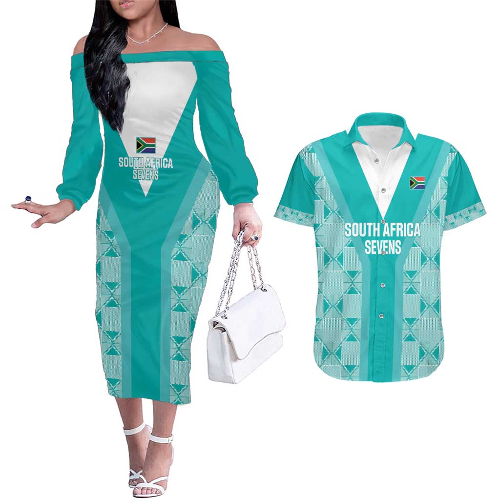 Custom South Africa Rugby Couples Matching Off The Shoulder Long Sleeve Dress and Hawaiian Shirt Go Champions Springboks - Teal Version