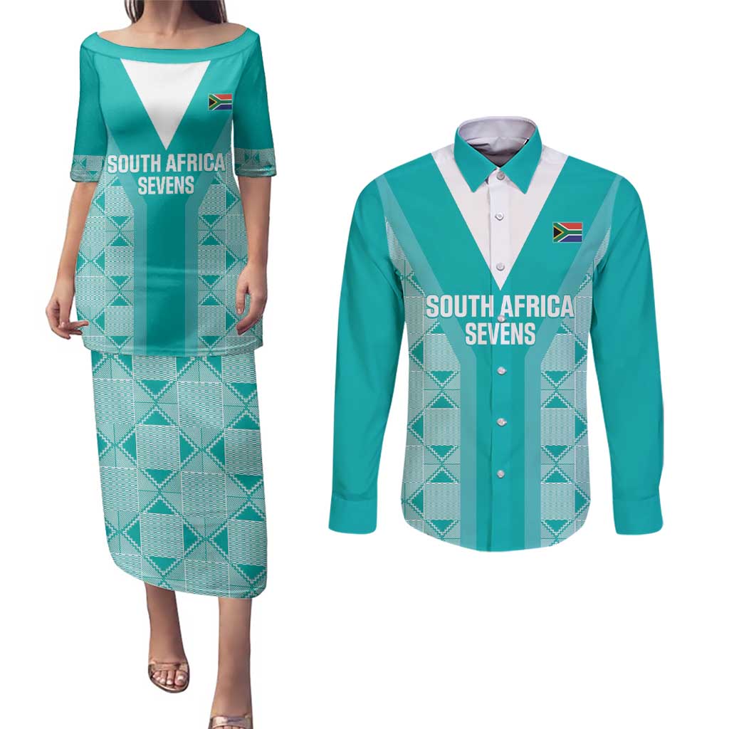 Custom South Africa Rugby Couples Matching Puletasi and Long Sleeve Button Shirt Go Champions Springboks - Teal Version