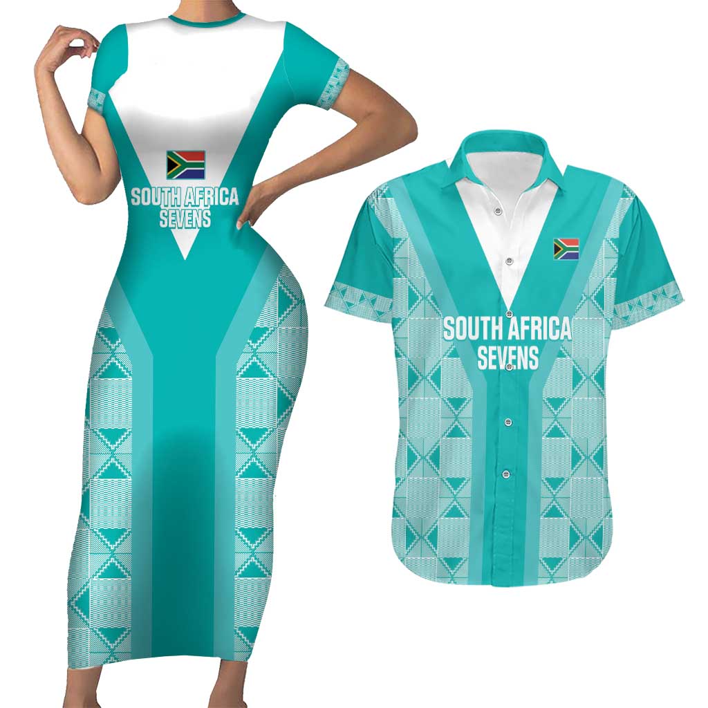 Custom South Africa Rugby Couples Matching Short Sleeve Bodycon Dress and Hawaiian Shirt Go Champions Springboks - Teal Version