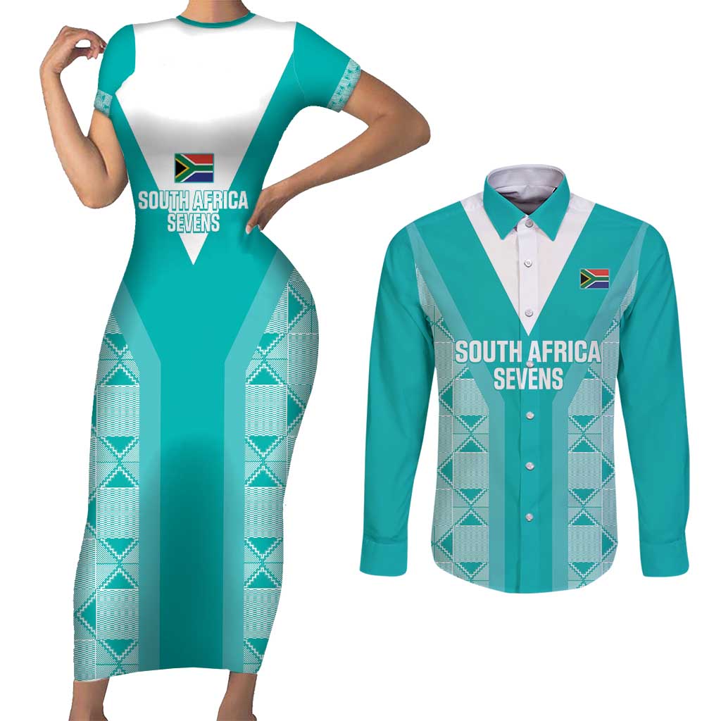 Custom South Africa Rugby Couples Matching Short Sleeve Bodycon Dress and Long Sleeve Button Shirt Go Champions Springboks - Teal Version