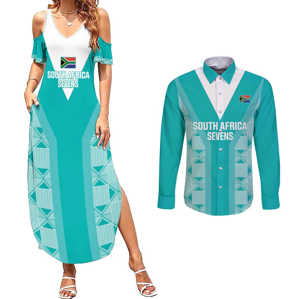Custom South Africa Rugby Couples Matching Summer Maxi Dress and Long Sleeve Button Shirt Go Champions Springboks - Teal Version