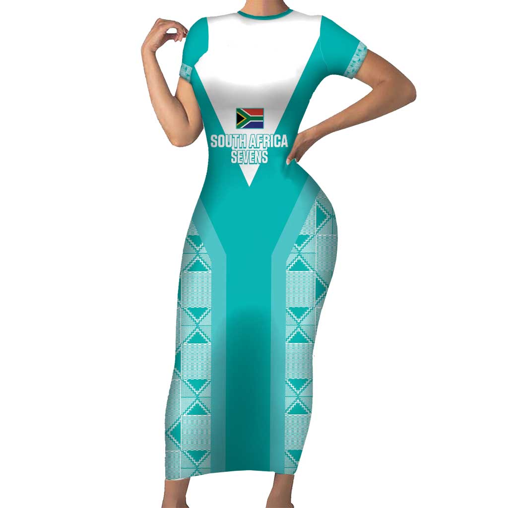 Custom South Africa Rugby Family Matching Short Sleeve Bodycon Dress and Hawaiian Shirt Go Champions Springboks - Teal Version
