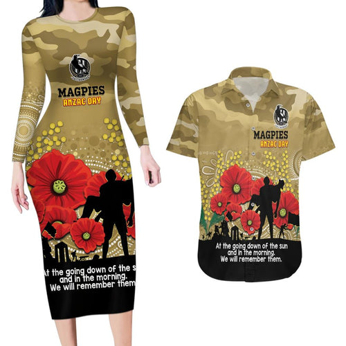 Custom Collingwood Football ANZAC Couples Matching Long Sleeve Bodycon Dress and Hawaiian Shirt Gallipoli Camouflage With Poppies