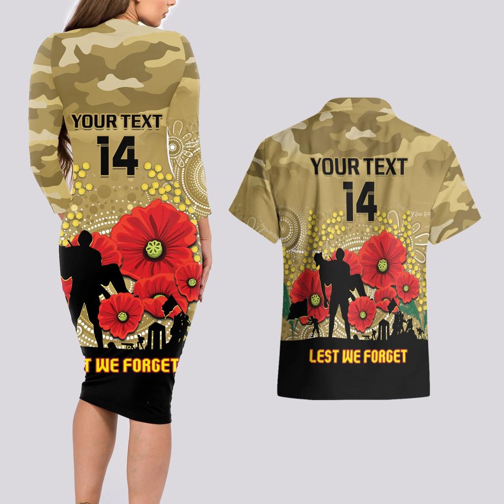 Custom Collingwood Football ANZAC Couples Matching Long Sleeve Bodycon Dress and Hawaiian Shirt Gallipoli Camouflage With Poppies