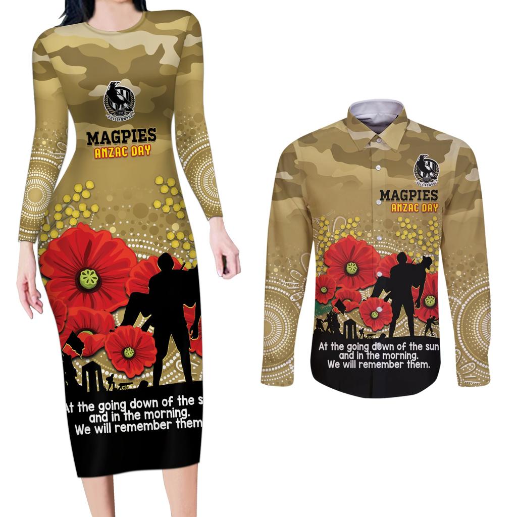 Custom Collingwood Football ANZAC Couples Matching Long Sleeve Bodycon Dress and Long Sleeve Button Shirt Gallipoli Camouflage With Poppies