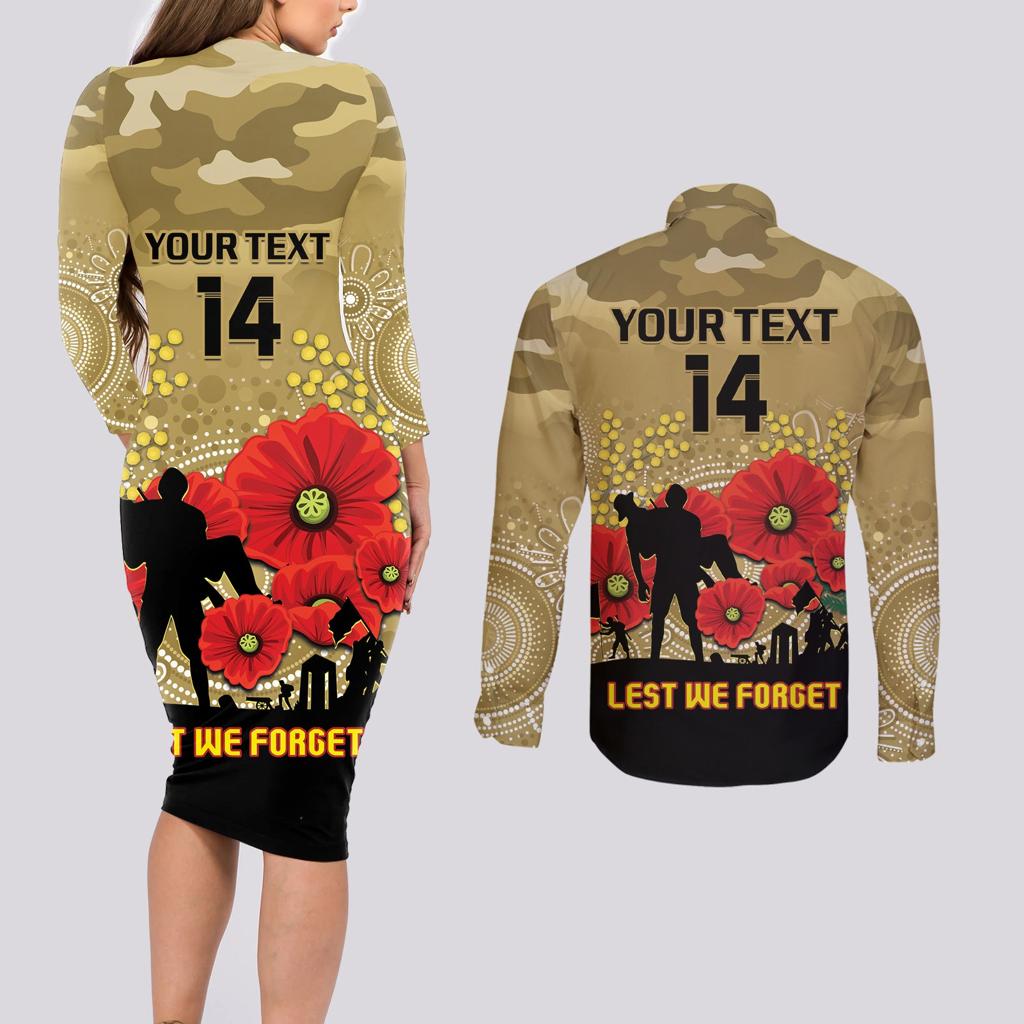 Custom Collingwood Football ANZAC Couples Matching Long Sleeve Bodycon Dress and Long Sleeve Button Shirt Gallipoli Camouflage With Poppies