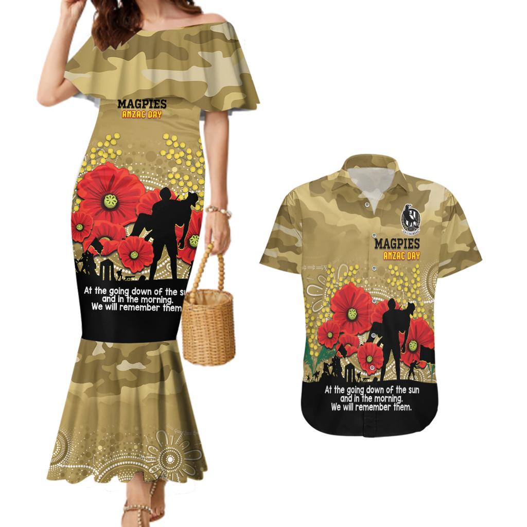 Custom Collingwood Football ANZAC Couples Matching Mermaid Dress and Hawaiian Shirt Gallipoli Camouflage With Poppies