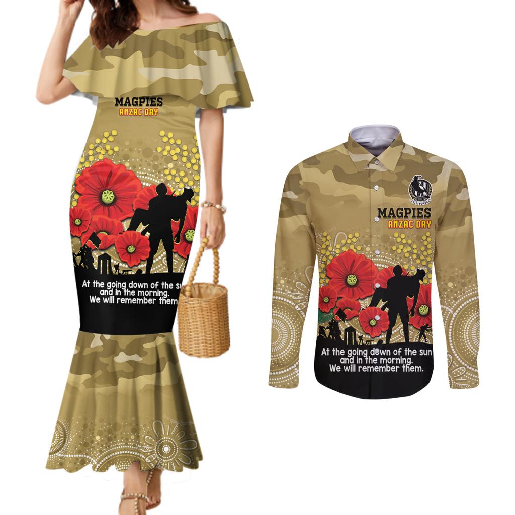 Custom Collingwood Football ANZAC Couples Matching Mermaid Dress and Long Sleeve Button Shirt Gallipoli Camouflage With Poppies