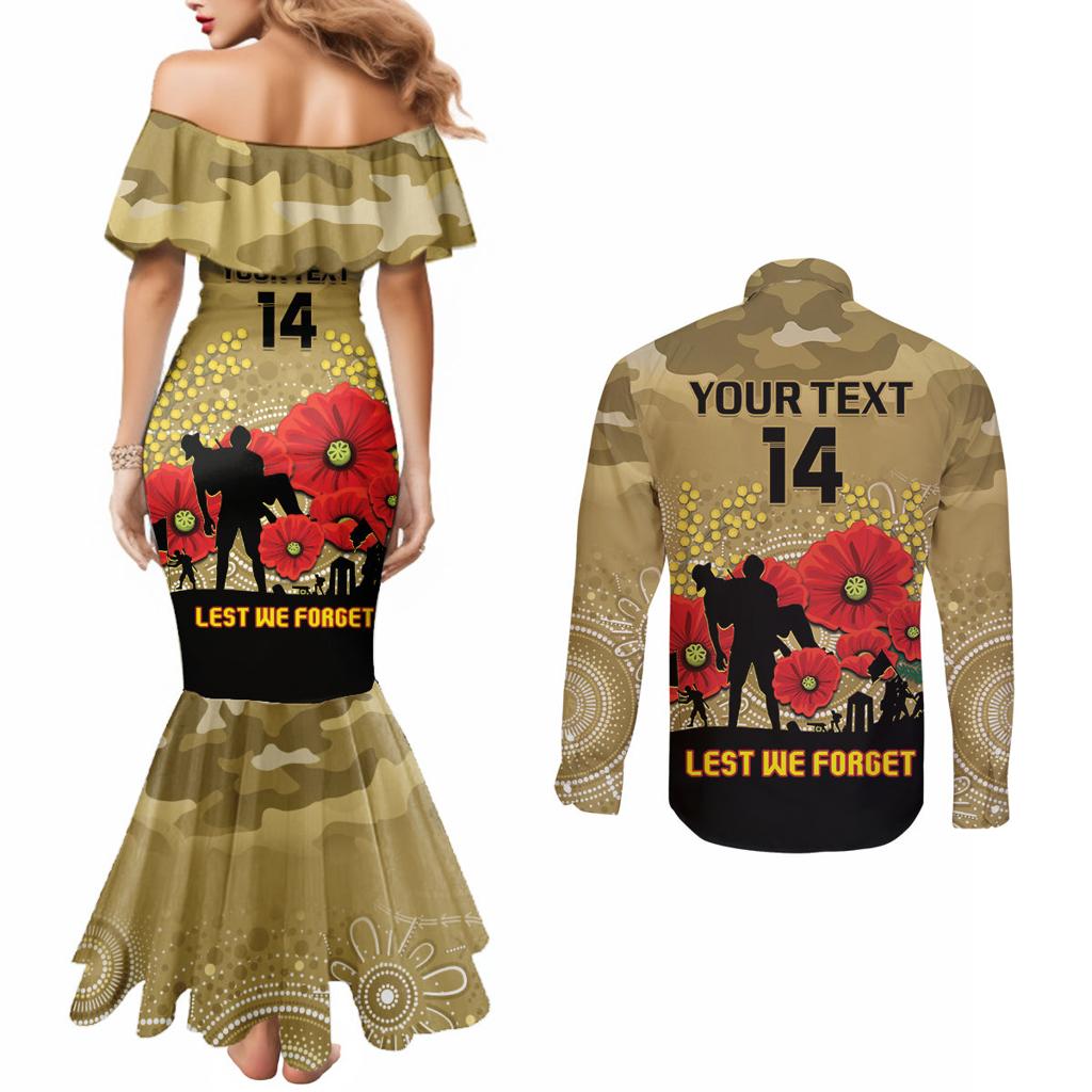 Custom Collingwood Football ANZAC Couples Matching Mermaid Dress and Long Sleeve Button Shirt Gallipoli Camouflage With Poppies