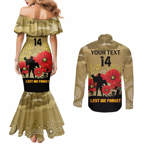 Custom Collingwood Football ANZAC Couples Matching Mermaid Dress and Long Sleeve Button Shirt Gallipoli Camouflage With Poppies