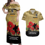 Custom Collingwood Football ANZAC Couples Matching Off Shoulder Maxi Dress and Hawaiian Shirt Gallipoli Camouflage With Poppies