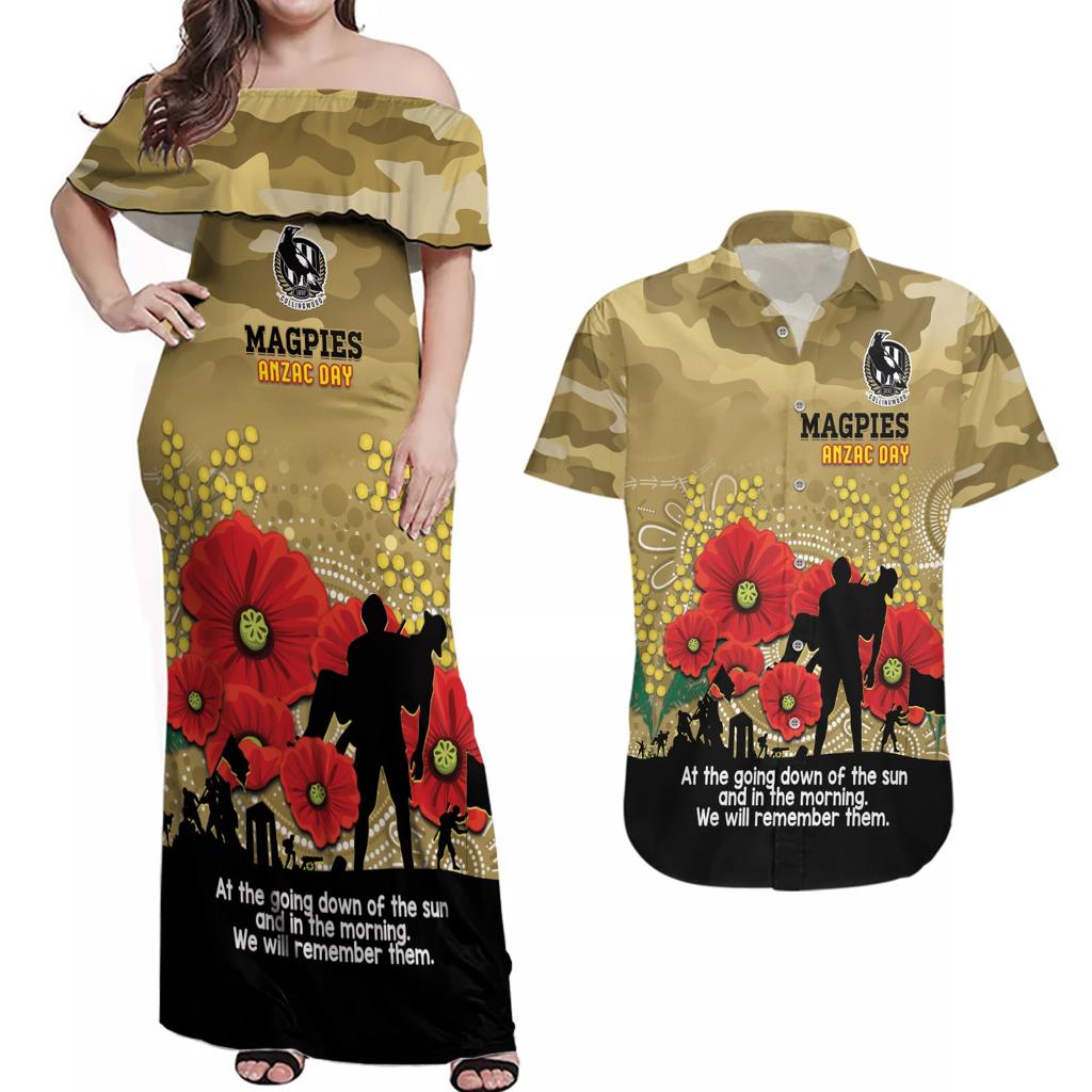 Custom Collingwood Football ANZAC Couples Matching Off Shoulder Maxi Dress and Hawaiian Shirt Gallipoli Camouflage With Poppies