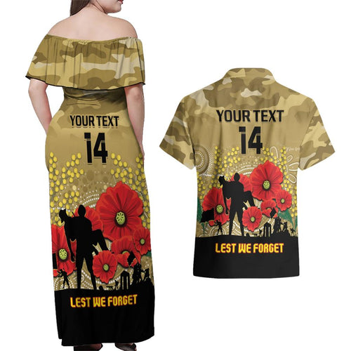 Custom Collingwood Football ANZAC Couples Matching Off Shoulder Maxi Dress and Hawaiian Shirt Gallipoli Camouflage With Poppies