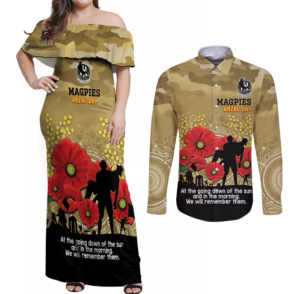 Custom Collingwood Football ANZAC Couples Matching Off Shoulder Maxi Dress and Long Sleeve Button Shirt Gallipoli Camouflage With Poppies