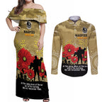 Custom Collingwood Football ANZAC Couples Matching Off Shoulder Maxi Dress and Long Sleeve Button Shirt Gallipoli Camouflage With Poppies