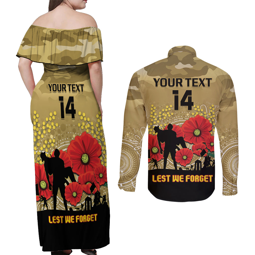 Custom Collingwood Football ANZAC Couples Matching Off Shoulder Maxi Dress and Long Sleeve Button Shirt Gallipoli Camouflage With Poppies