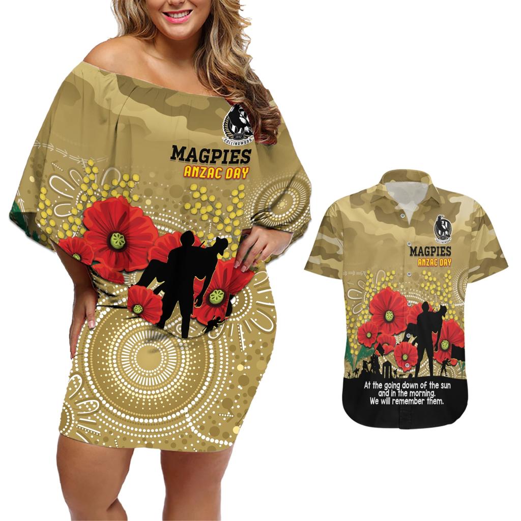 Custom Collingwood Football ANZAC Couples Matching Off Shoulder Short Dress and Hawaiian Shirt Gallipoli Camouflage With Poppies