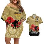 Custom Collingwood Football ANZAC Couples Matching Off Shoulder Short Dress and Hawaiian Shirt Gallipoli Camouflage With Poppies