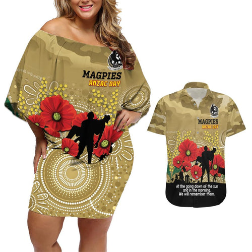 Custom Collingwood Football ANZAC Couples Matching Off Shoulder Short Dress and Hawaiian Shirt Gallipoli Camouflage With Poppies