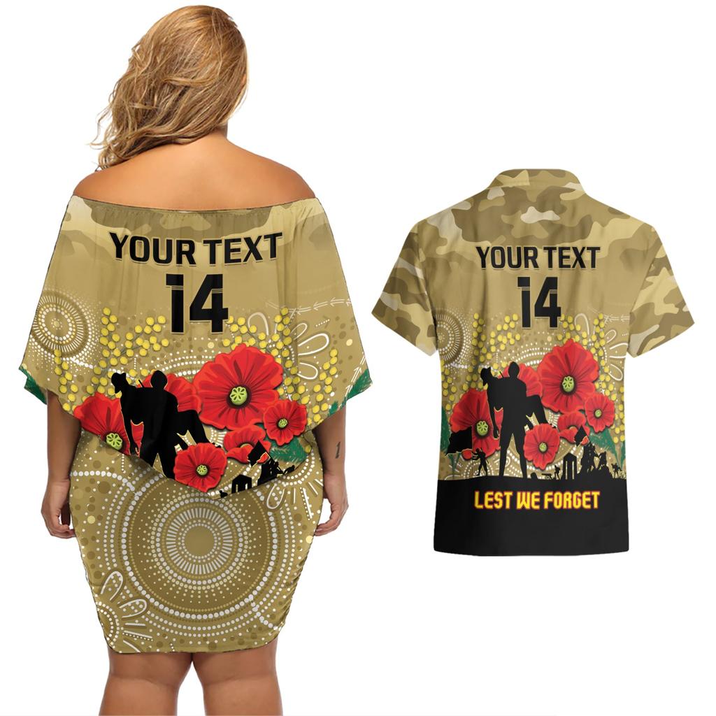 Custom Collingwood Football ANZAC Couples Matching Off Shoulder Short Dress and Hawaiian Shirt Gallipoli Camouflage With Poppies