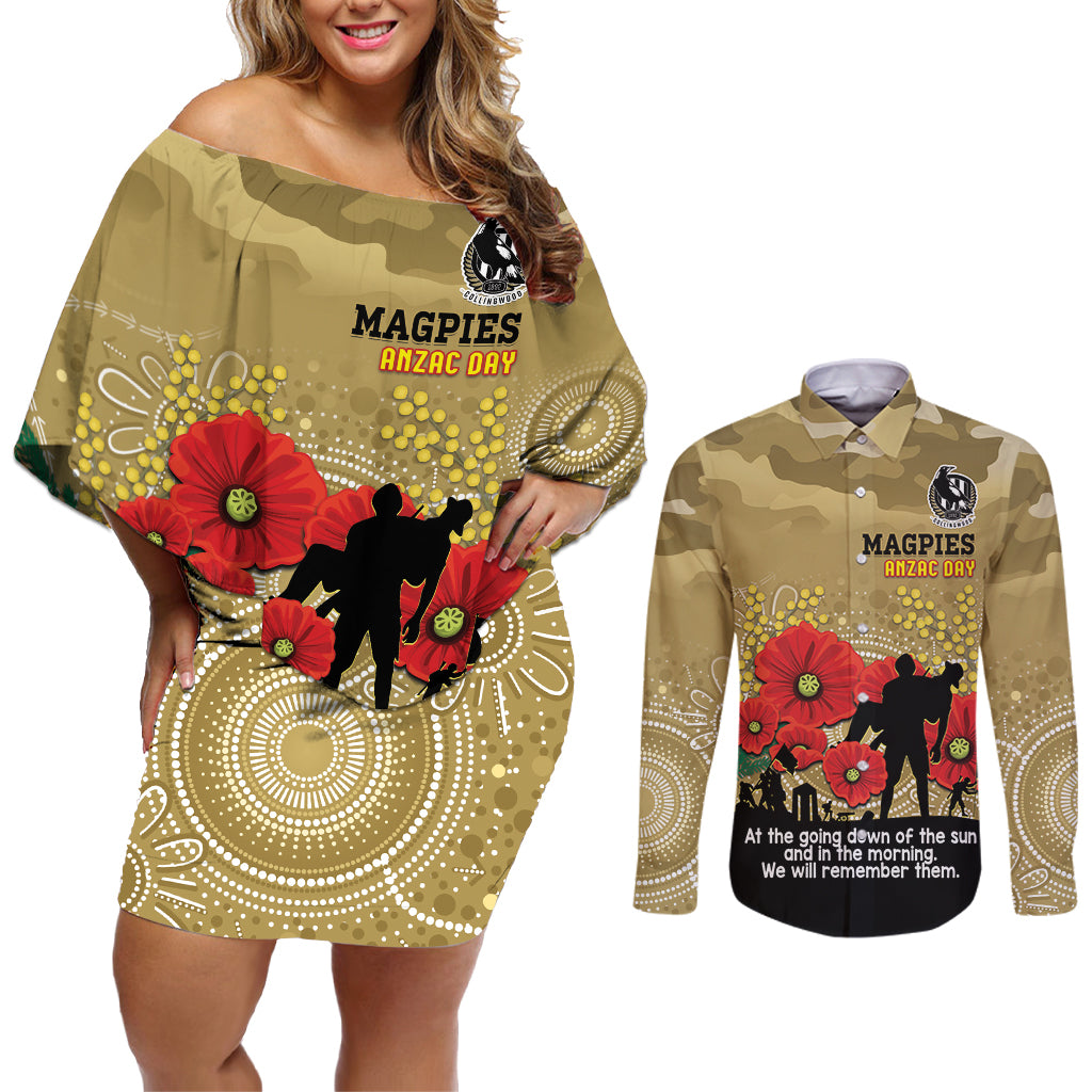 Custom Collingwood Football ANZAC Couples Matching Off Shoulder Short Dress and Long Sleeve Button Shirt Gallipoli Camouflage With Poppies
