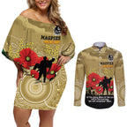 Custom Collingwood Football ANZAC Couples Matching Off Shoulder Short Dress and Long Sleeve Button Shirt Gallipoli Camouflage With Poppies