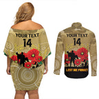 Custom Collingwood Football ANZAC Couples Matching Off Shoulder Short Dress and Long Sleeve Button Shirt Gallipoli Camouflage With Poppies