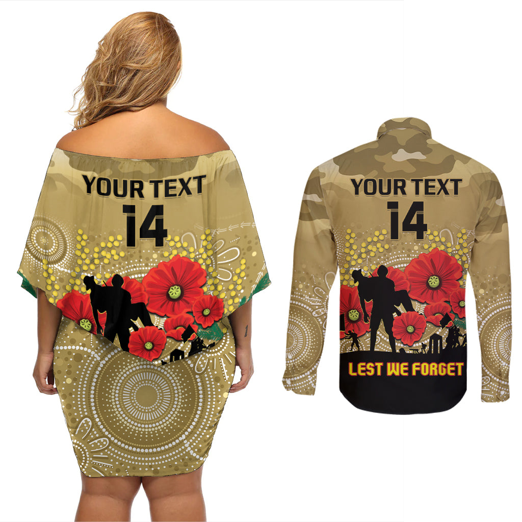 Custom Collingwood Football ANZAC Couples Matching Off Shoulder Short Dress and Long Sleeve Button Shirt Gallipoli Camouflage With Poppies