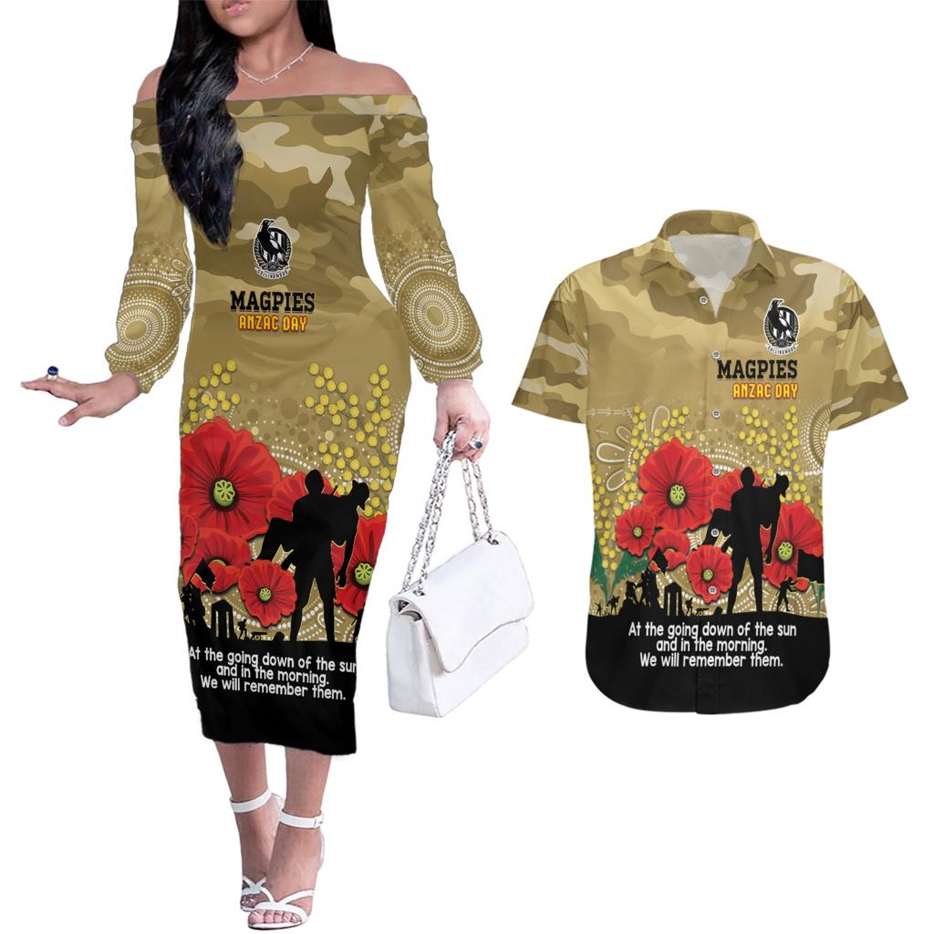 Custom Collingwood Football ANZAC Couples Matching Off The Shoulder Long Sleeve Dress and Hawaiian Shirt Gallipoli Camouflage With Poppies