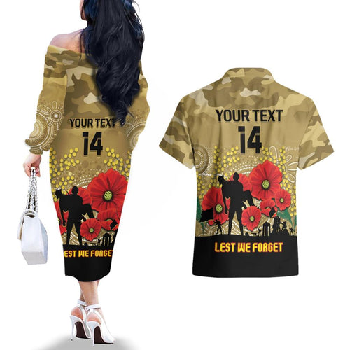 Custom Collingwood Football ANZAC Couples Matching Off The Shoulder Long Sleeve Dress and Hawaiian Shirt Gallipoli Camouflage With Poppies